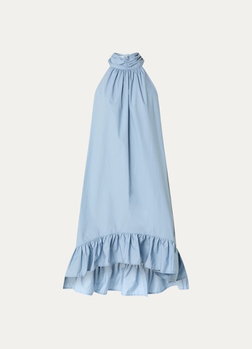 Selected Delia mini halterjurk met sjaalkraag en volant - voorkant blauw