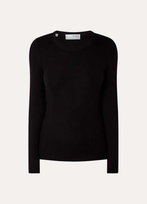 Selected Dianna longsleeve  met ribstructuur - voorkant 2 zwart