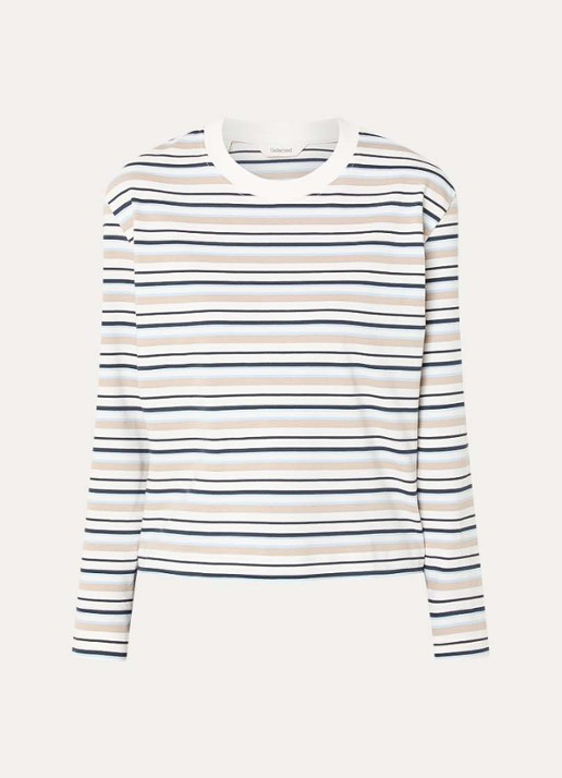 Selected Essential longsleeve met streepprint - voorkant donkerblauw