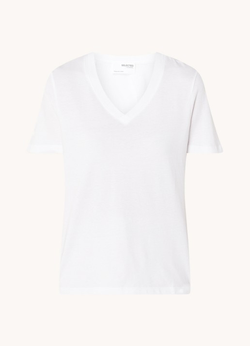 Selected Essential T-shirt van  katoen met V-hals - voorkant 3 wit