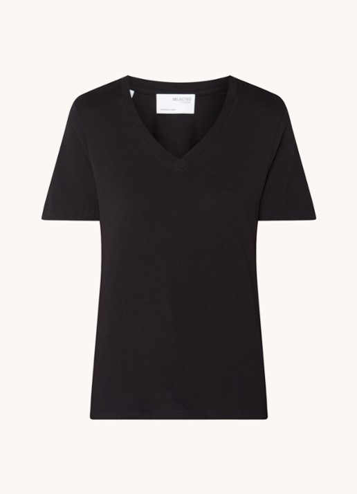 Selected Essential T-shirt van  katoen met V-hals - voorkant 3 zwart