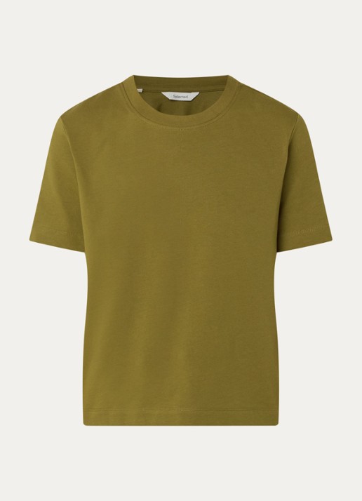 Selected Essential T-shirt van katoen - voorkant mosgroen