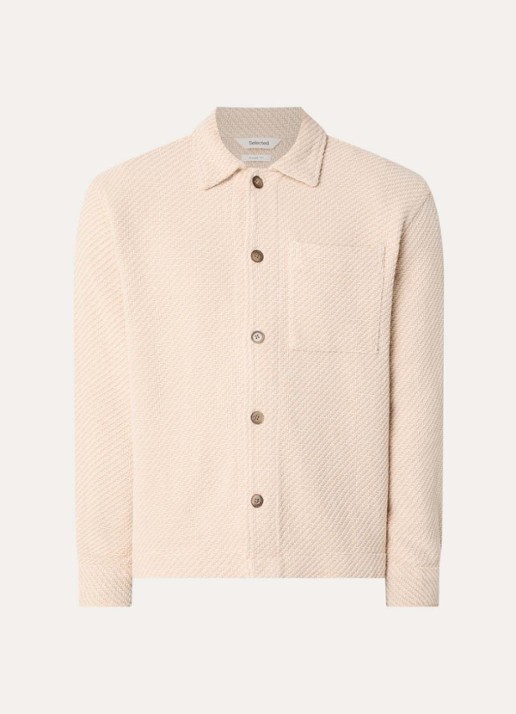 Selected Fred comfort fit overshirt met visgraatdessin en structuur - voorkant 3 beige