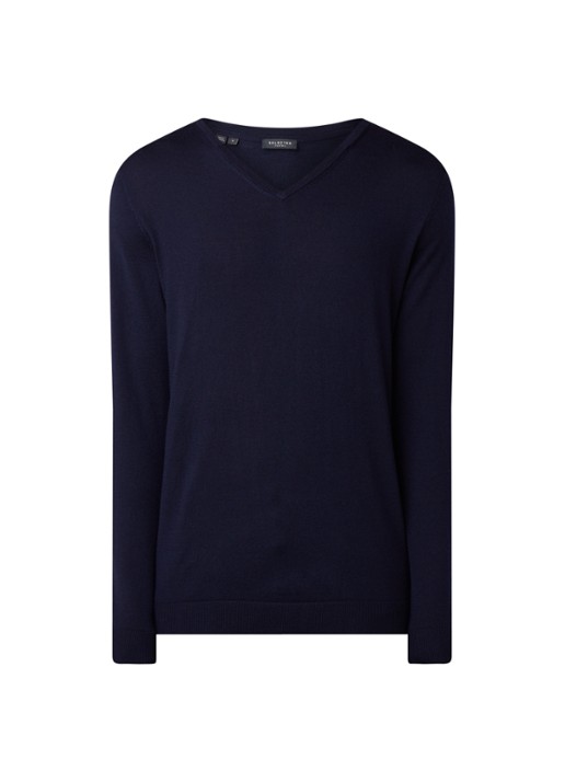Selected Homme Tower fijngebreide pullover met V-hals  - voorkant 2 donkerblauw