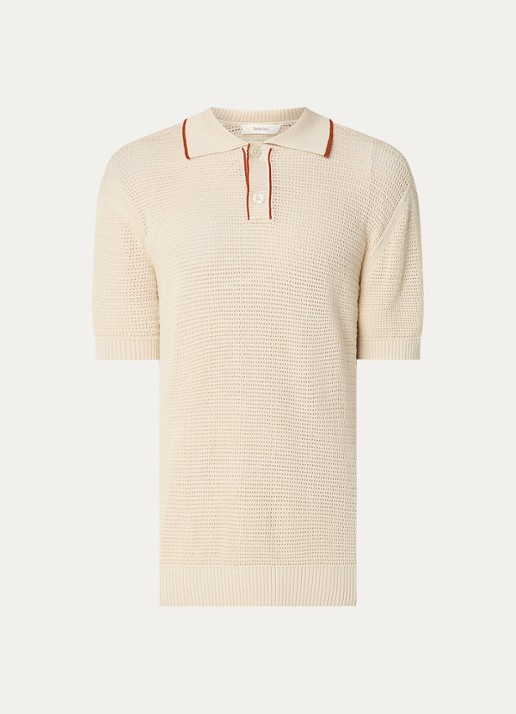 Selected Jesse regular fit polo met opengewerkt dessin - voorkant 2 creme