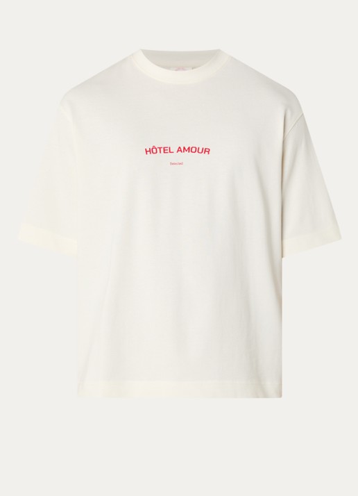 Selected Liam T-shirt met front- en backprint - voorkant creme