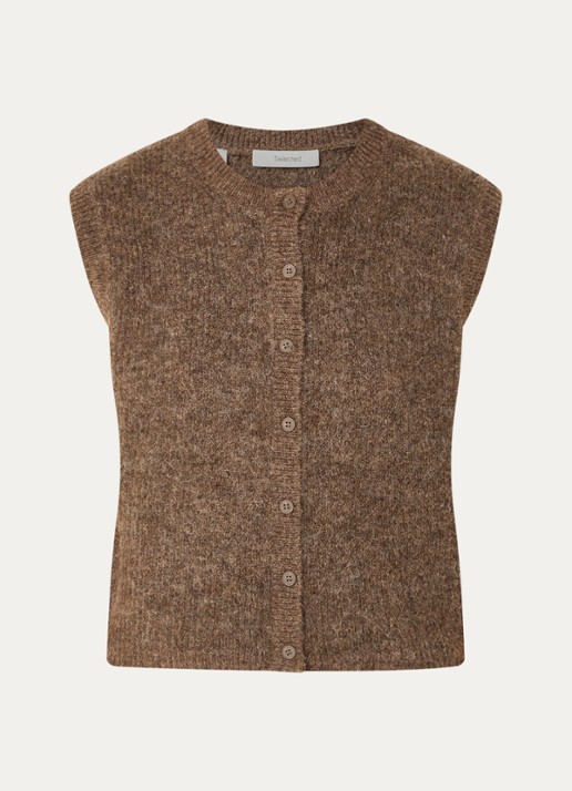 Selected Lulu fijngebreid gilet in wolblend met ronde hals - voorkant 3 lichtbruin