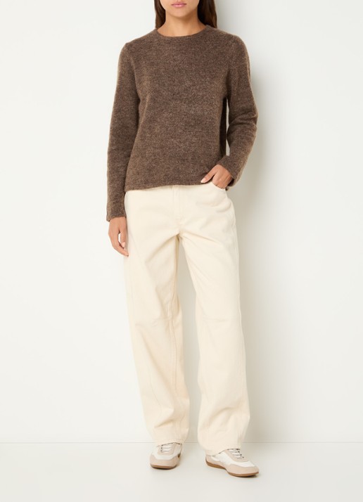 Selected Lulu fijngebreide pullover in wolblend met ronde hals - voorkant 4 lichtbruin