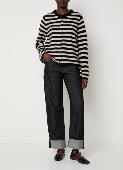 Selected Lulu grofgebreid vest in alpaca wolblend met streepprint - voorkant 4 zwart