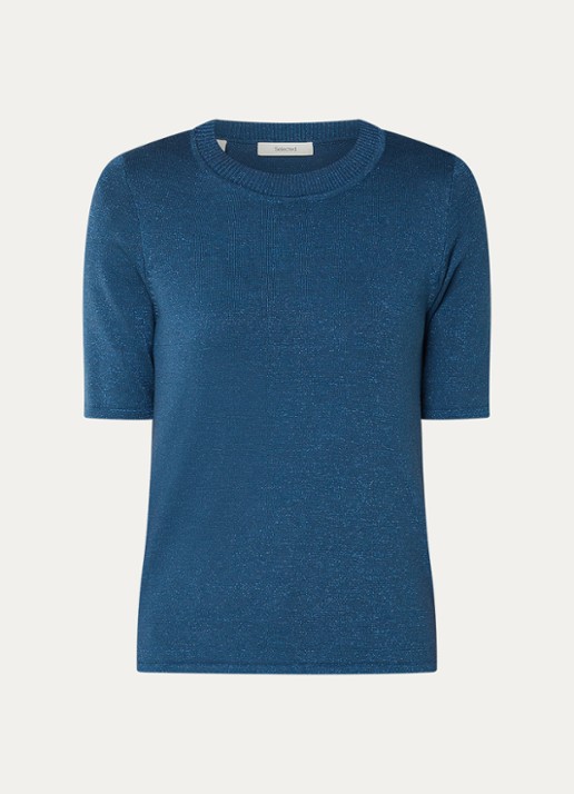 Selected Lura trui  met lurex - voorkant 2 staalblauw