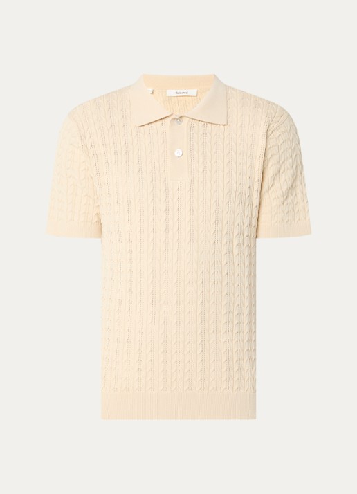 Selected Mattis kabelgebreide polo met opengewerkt dessin - voorkant beige