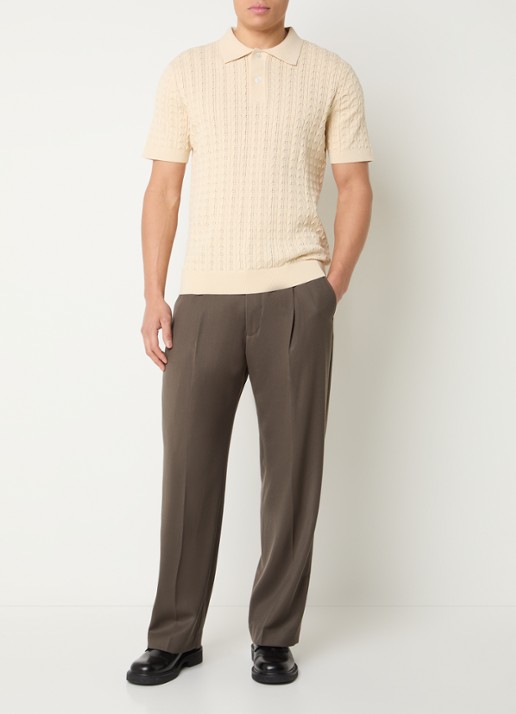 Selected Mattis kabelgebreide polo met opengewerkt dessin - voorkant 2 beige