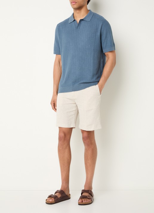 Selected Mattis regular fit polo in linnenblend - voorkant 3 blauw