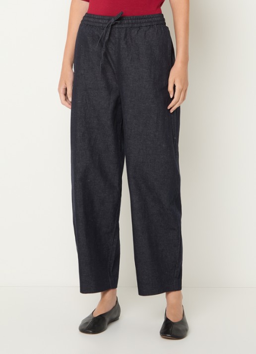 Selected Mid waist loose fit broek in linnenblend met steekzakken - detail donkerblauw