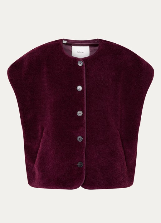 Selected Milla vest van teddy met steekzakken - voorkant aubergine