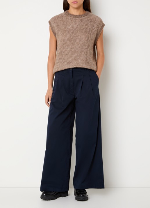 Selected Mille high waist wide leg broek met steekzakken - voorkant 3 donkerblauw