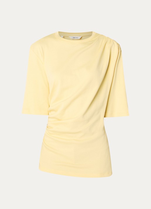 Selected Oline T-shirt met plooidetail en asymmetrische zoom - voorkant 2 lichtgeel