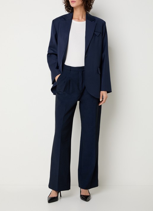 Selected Sanne blazer in wolblend met schoudervulling en streepprint - voorkant 4 donkerblauw