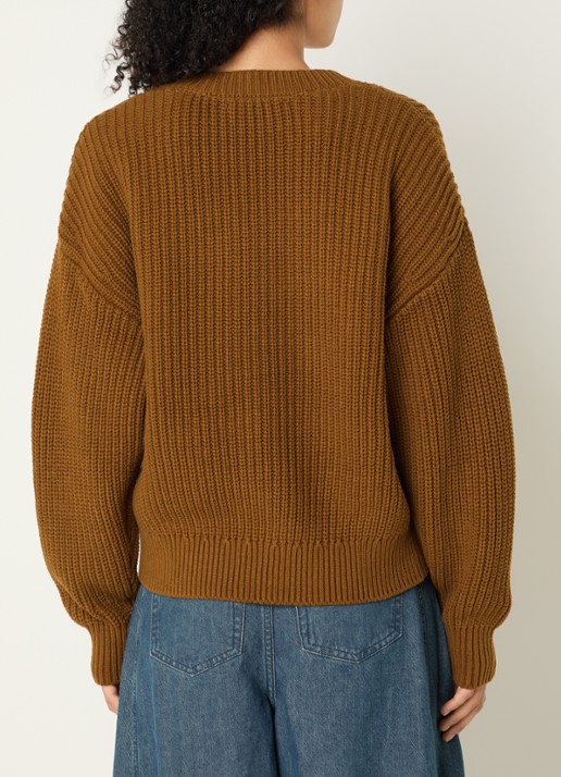 Selected Selma grofgebreide trui met V-hals - achterkant cognac