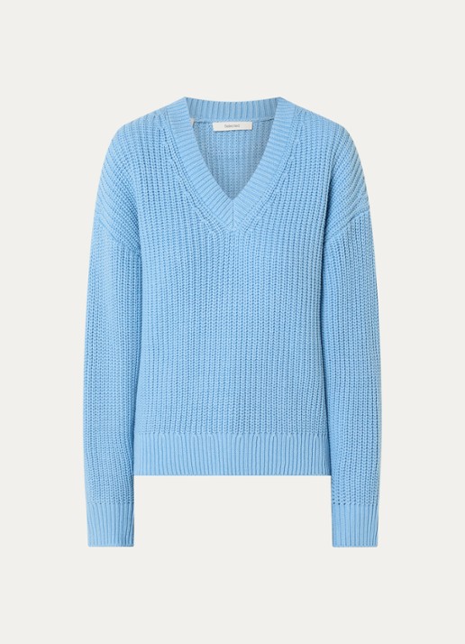 Selected Selma grofgebreide trui met V-hals - voorkant 3 blauw
