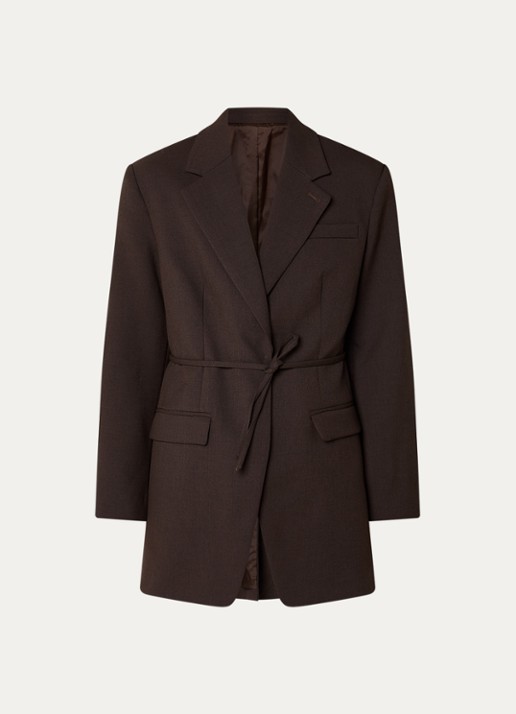 Selected Sienna oversized blazer in wolblend met strikceintuur - voorkant 2 bruin