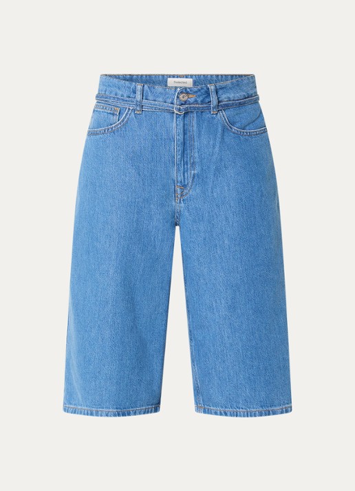 Selected Tenna high waist wide fit korte broek van denim met medium wassing - voorkant indigo