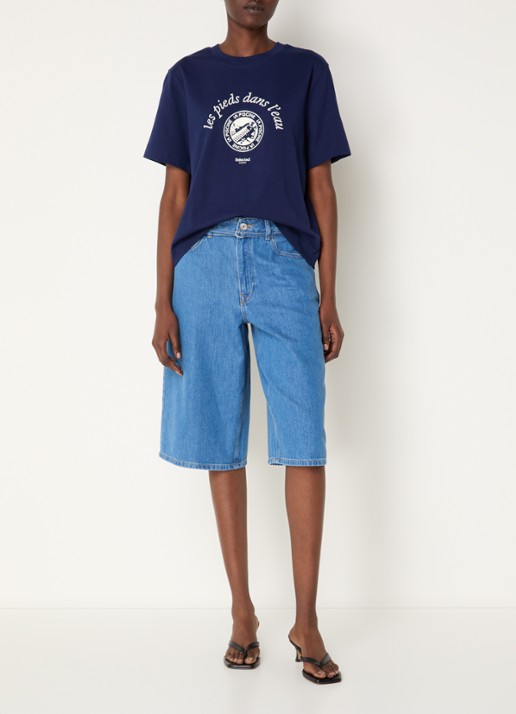 Selected Tenna high waist wide fit korte broek van denim met medium wassing - voorkant 2 indigo