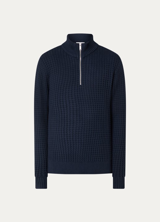Selected Tom fijngebreide trui met halve rits - voorkant 3 donkerblauw