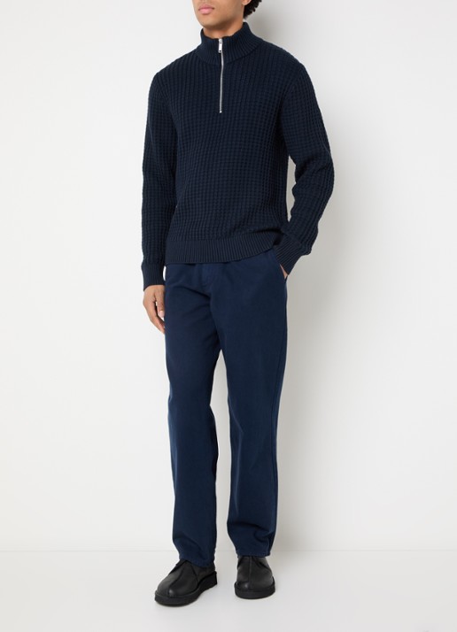 Selected Tom fijngebreide trui met halve rits - voorkant 4 donkerblauw