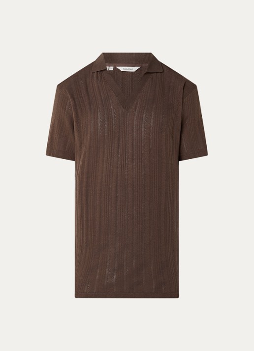 Selected Travis fijngebreide regular fit polo - voorkant donkerbruin