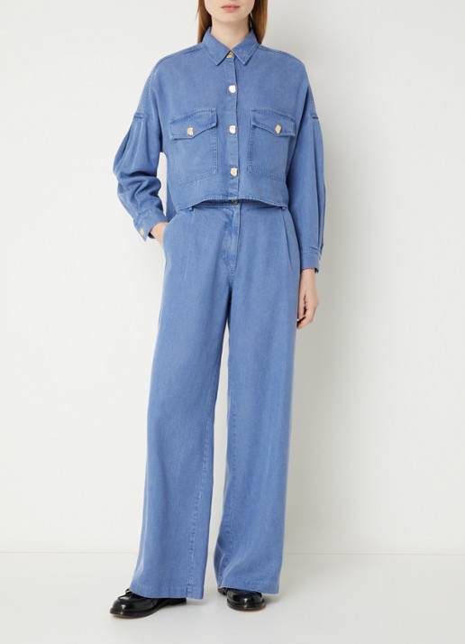 Sessùn Balanca cropped blouse van chambray met borstzakken - voorkant 3 indigo