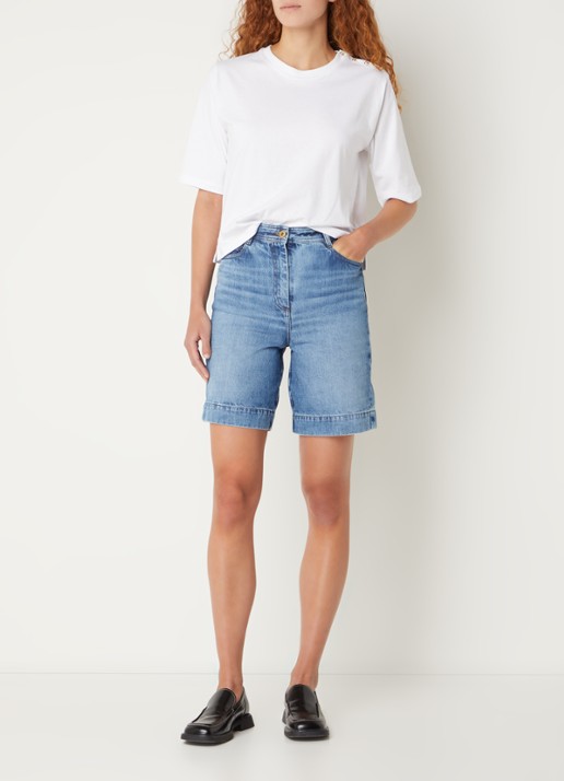 Sessùn Bermucap high waist straight fit korte broek met medium wassing - voorkant 2 indigo