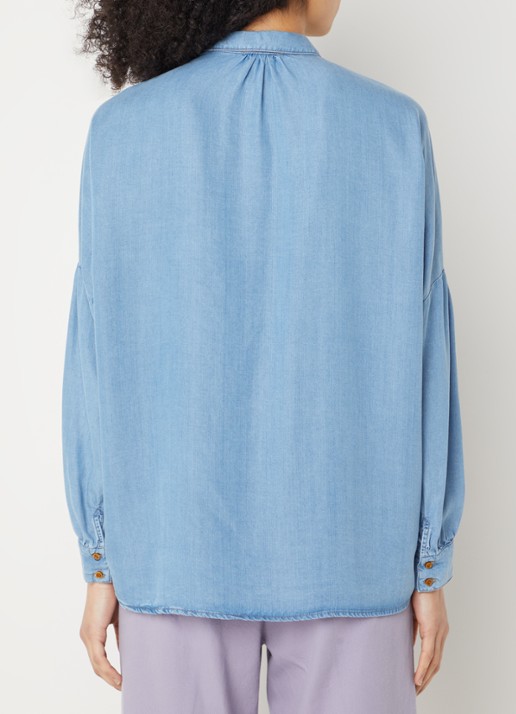 Sessùn Botania blouse van chambray met borstzakken - achterkant 3 blauw
