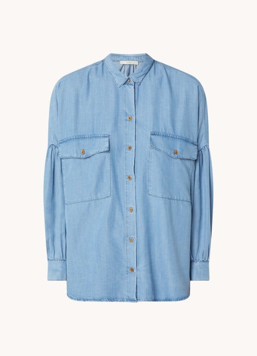 Sessùn Botania blouse van chambray met borstzakken - voorkant blauw