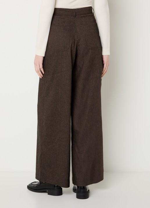 Sessùn Dasum high waist wide fit pantalon in linnenblend met krijtstreep - achterkant donkerbruin