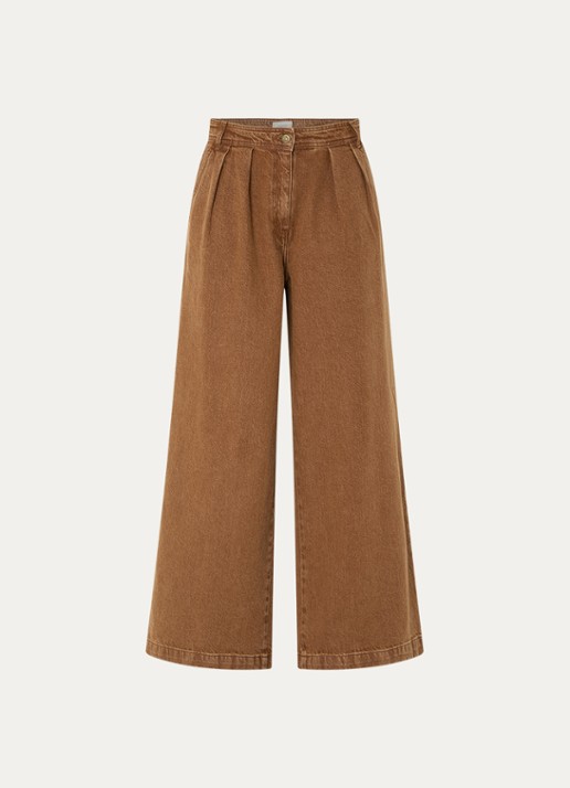 Sessùn Diegui high waist wide fit palazzo broek van denim - voorkant camel