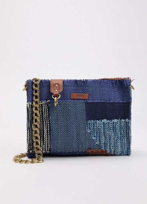 Sessùn Farawa Blue schoudertas van raffia met details van leer