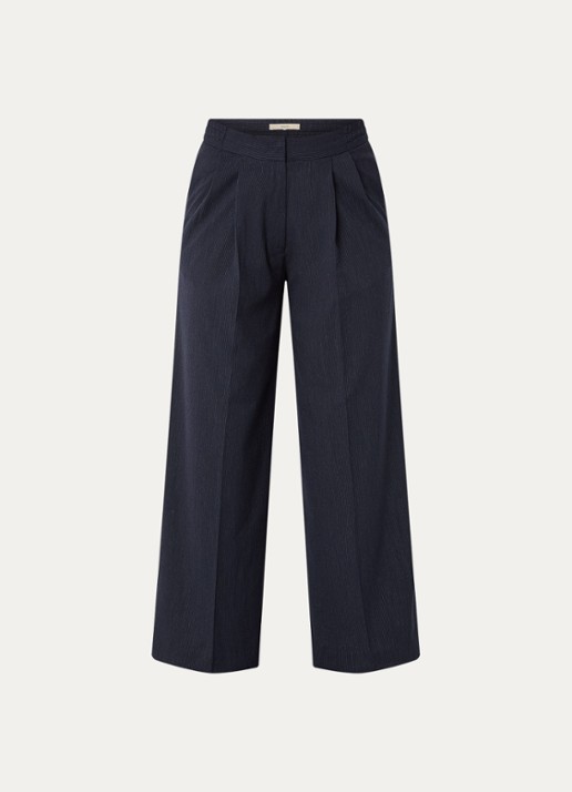 Sessùn High waist wide fit pantalon met plooidetail en krijtstreep - voorkant 3 donkerblauw