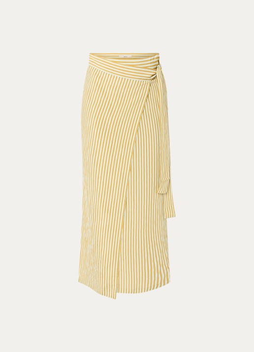 Sessùn Love St midi rok met streepprint en strikceintuur - voorkant mosterd