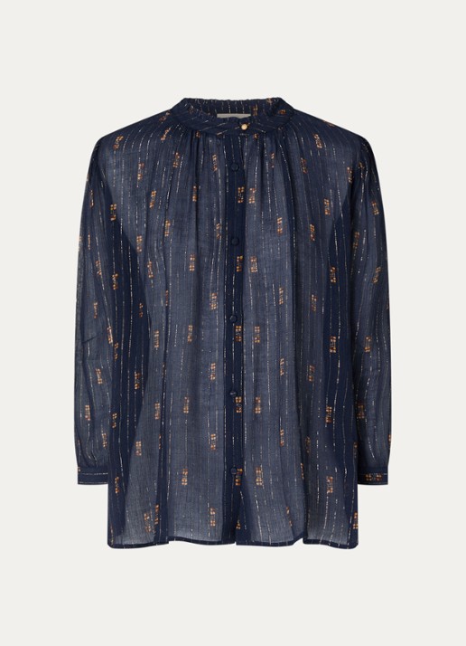 Sessùn Lylee semi-transparante blouse met print en lurex - voorkant 3 donkerblauw