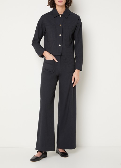 Sessùn Manhatti high waist wide fit pantalon met krijtstreep en opgestikte zakken - voorkant 2 antraciet