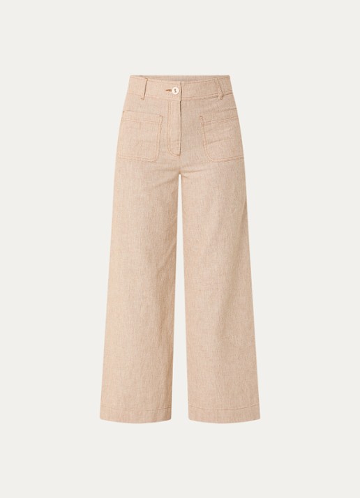 Sessùn Manhatti high waist wide fit pantalon met krijtstreep en opgestikte zakken - voorkant 3 cognac