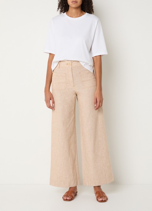Sessùn Manhatti high waist wide fit pantalon met krijtstreep en opgestikte zakken - voorkant 4 cognac