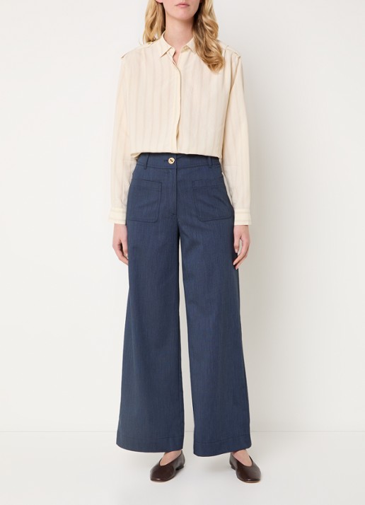 Sessùn Manhatti high waist wide fit pantalon met opgestikte zakken - voorkant 2 donkerblauw