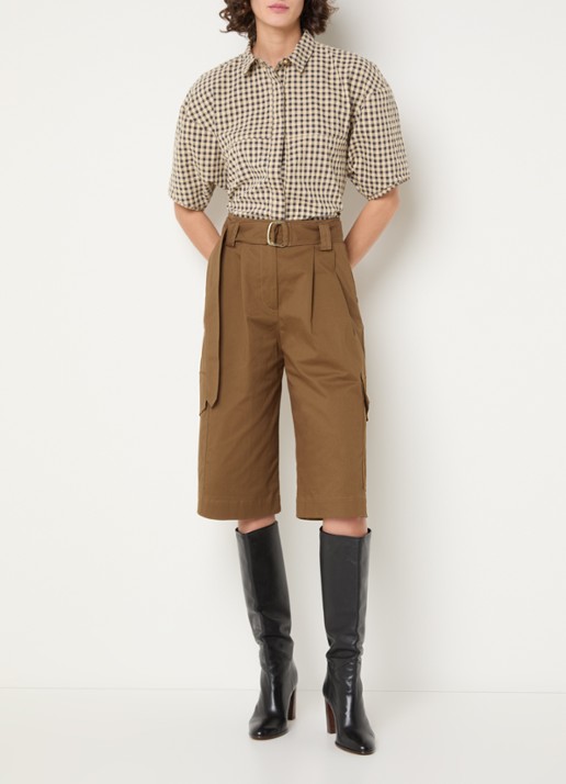 Sessùn Marco high waist wide fit korte broek met steekzakken en ceintuur - voorkant 4 cognac