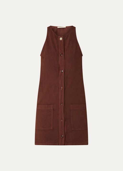 Sessùn Ondine mini jurk van canvas in linnenblend met opgestikte zakken - voorkant 3 bruin