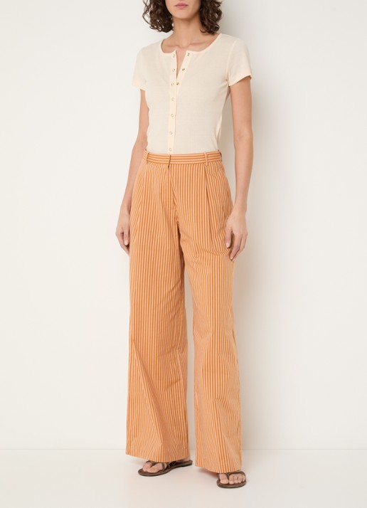 Sessùn Provencia high waist wide fit broek met streepprint - voorkant 2 orange