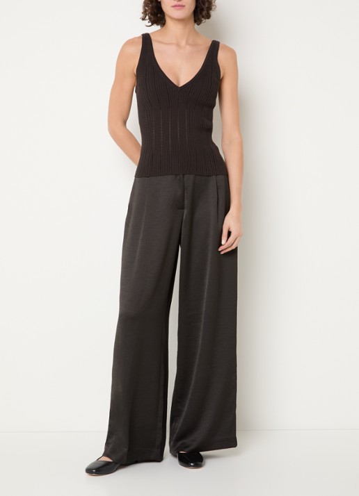 Sessùn Provenco high waist wide leg pantalon met glanzende finish  - voorkant 3 donkerbruin