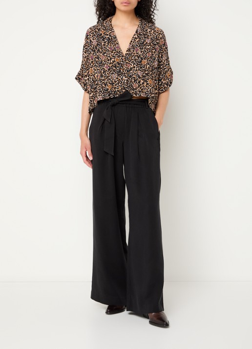 Sessùn Rim high waist wide fit pantalon  met strikceintuur - voorkant 4 zwart