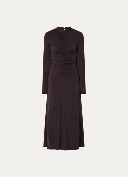 Sessùn Rita midi jurk met plooidetail - voorkant aubergine